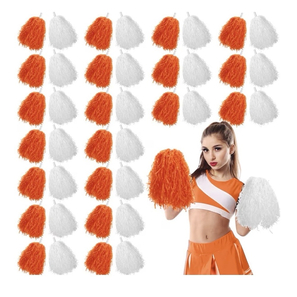 Orange & White Pom Poms Fans & Cheerleading Lot of 40 Plastic Handles NEW!